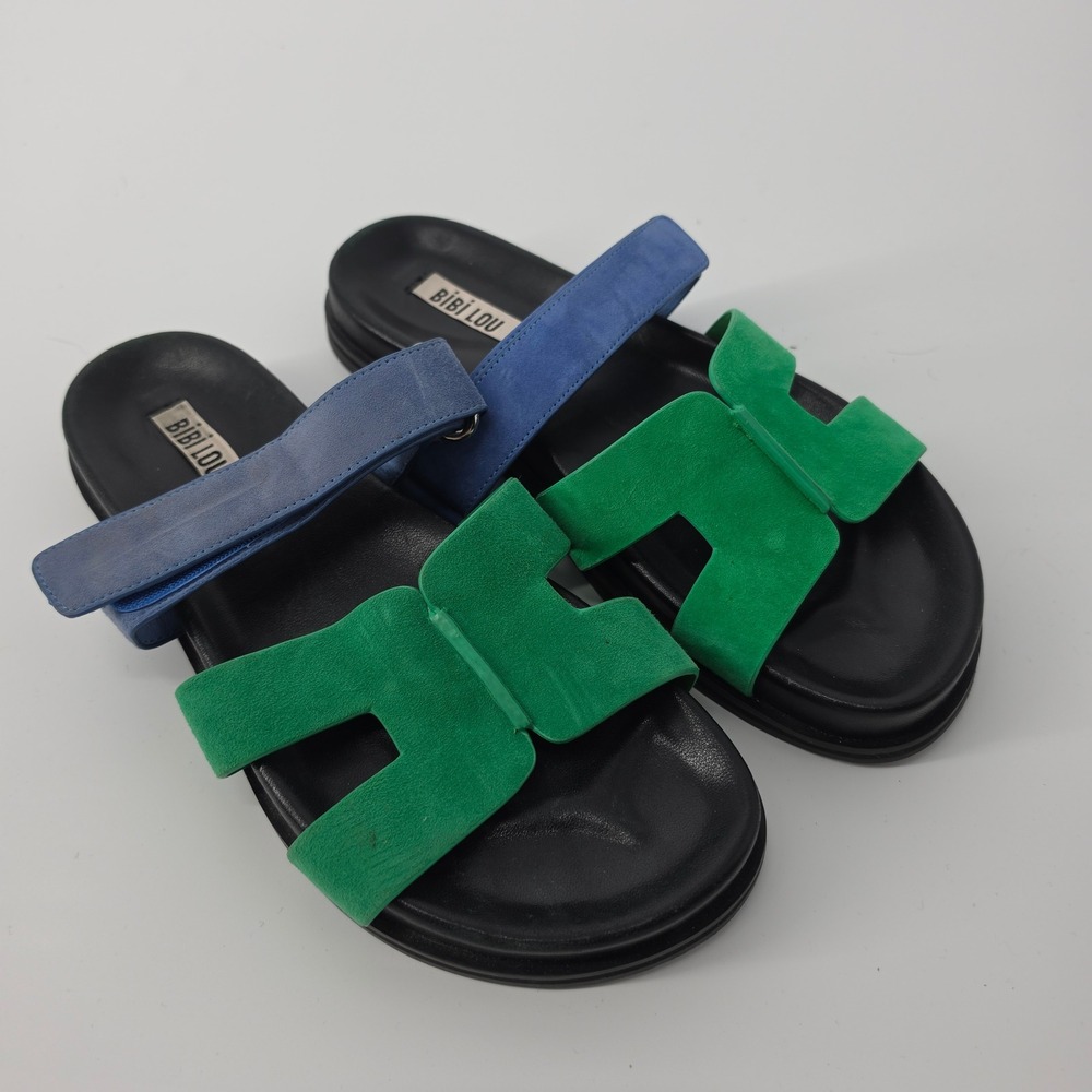 Bibi Lou Suede Colorblock H-Strap Slide Sandals 37 Green Blue Boho Chic